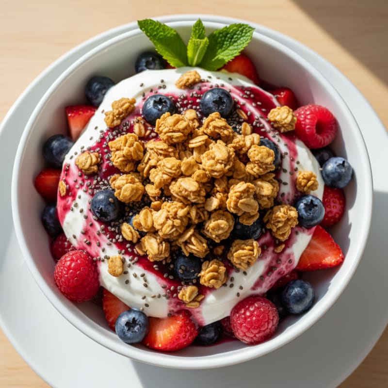Greek Yoghurt Parfait with Mixed Berries, Chia Seeds and Protein Granola