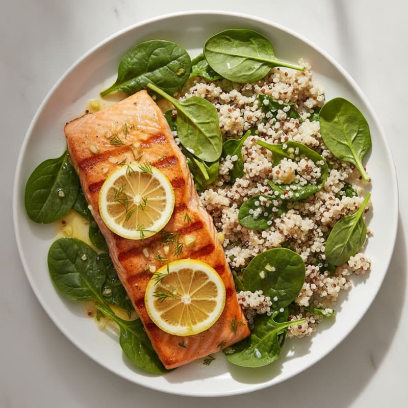Grilled Lemon Dill Salmon with Quinoa and Spinach Salad