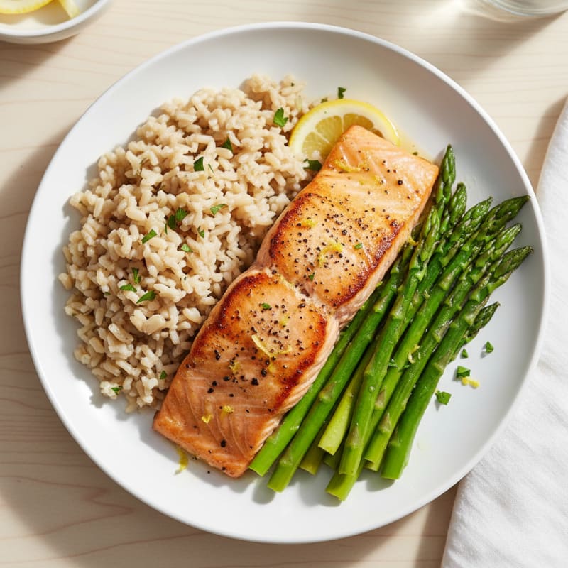 Seared Salmon Fillet with Steamed Asparagus and Brown Rice