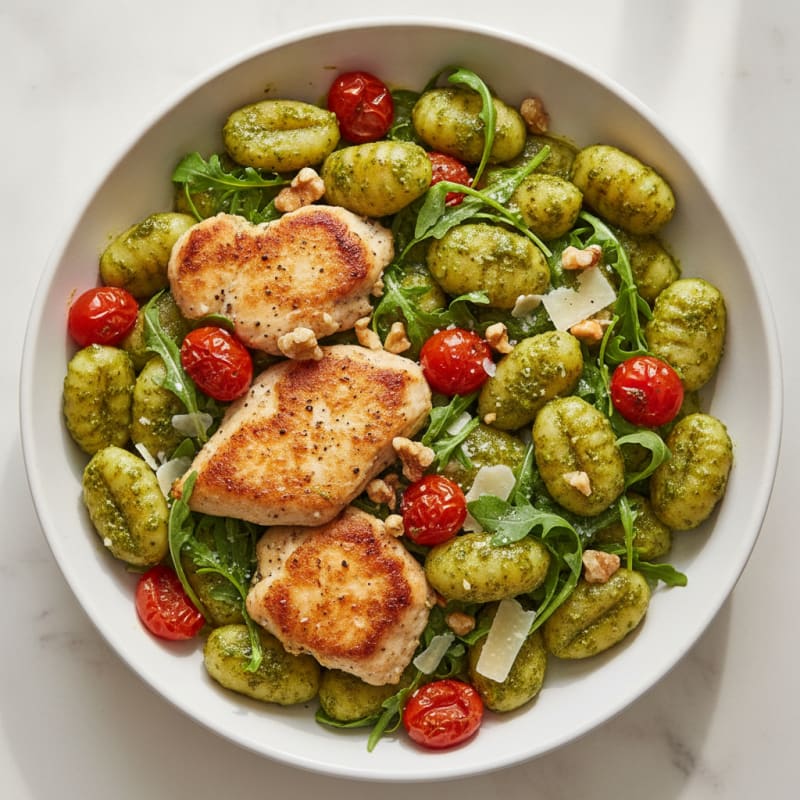 Gnocchi with Arugula Pesto and Cherry Tomatoes