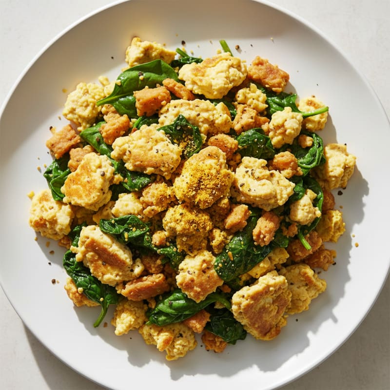 Silky Tofu Scramble with Spinach and Tempeh Crumbles
