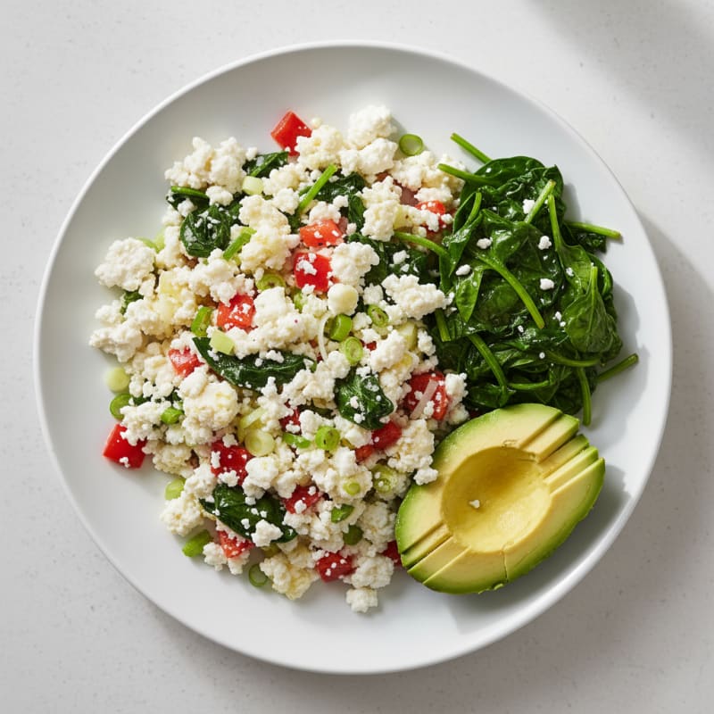 Egg White Veggie Scramble with Cottage Cheese and Sautéed Spinach