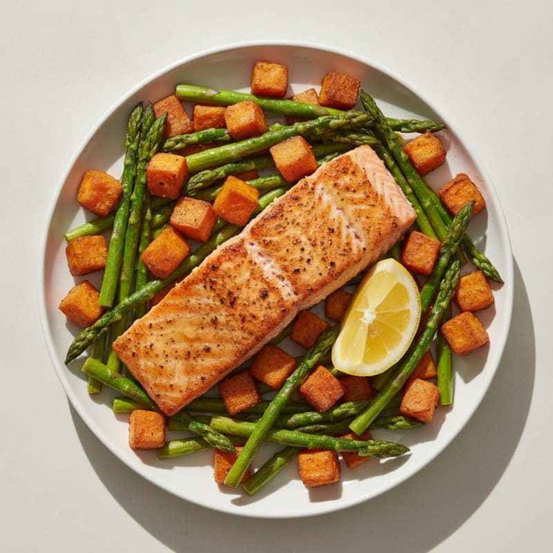 Seared Salmon with Roasted Sweet Potatoes and Asparagus