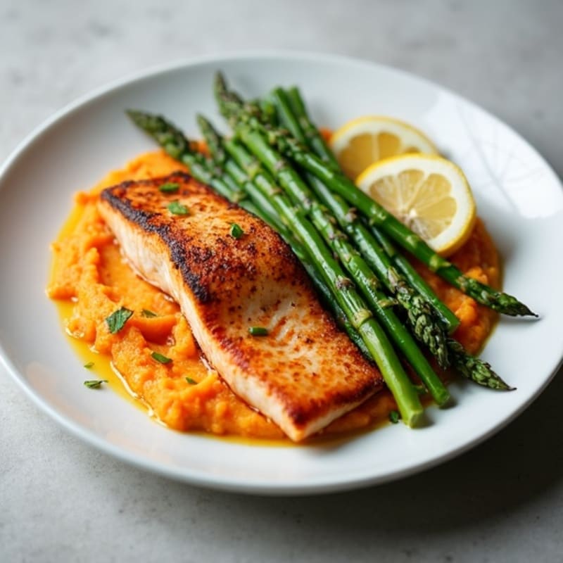 Seared Salmon Fillet with Steamed Asparagus and Sweet Potato Mash