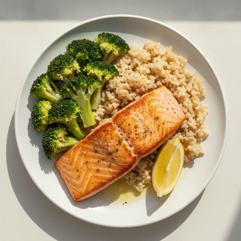 Seared Salmon with Steamed Broccoli and Brown Rice