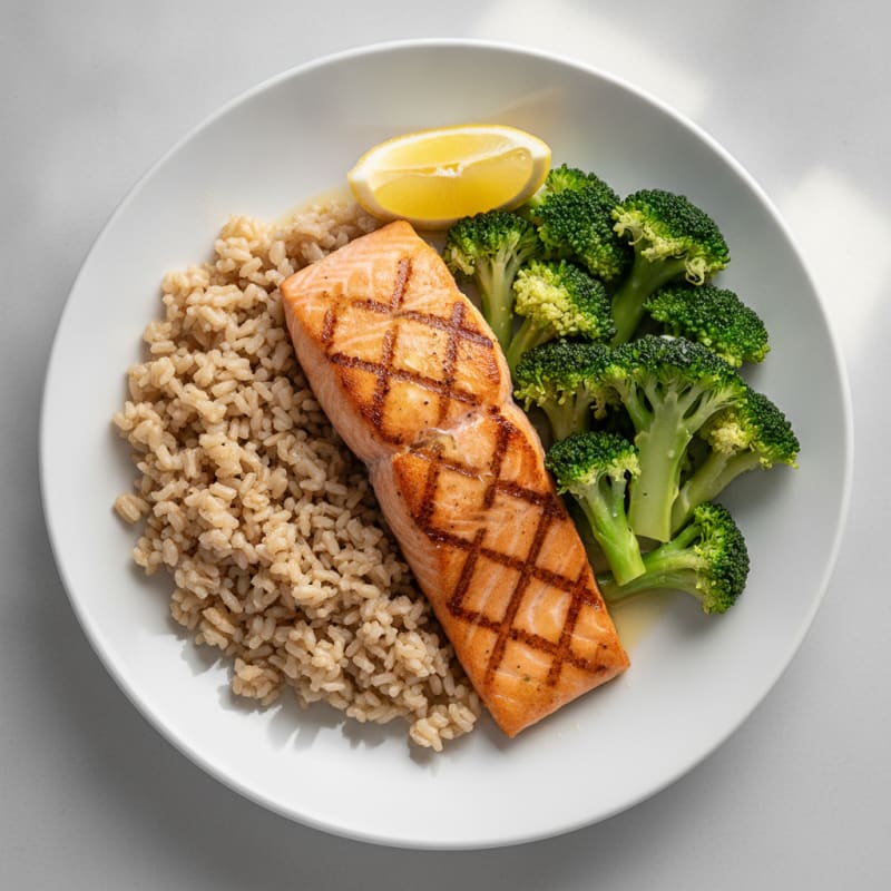 Seared Salmon Fillet with Steamed Broccoli and Brown Rice