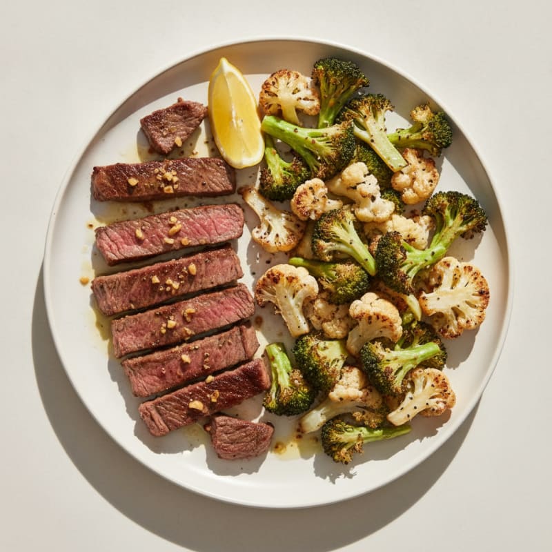 Seared Lean Beef Strips with Roasted Broccoli and Cauliflower