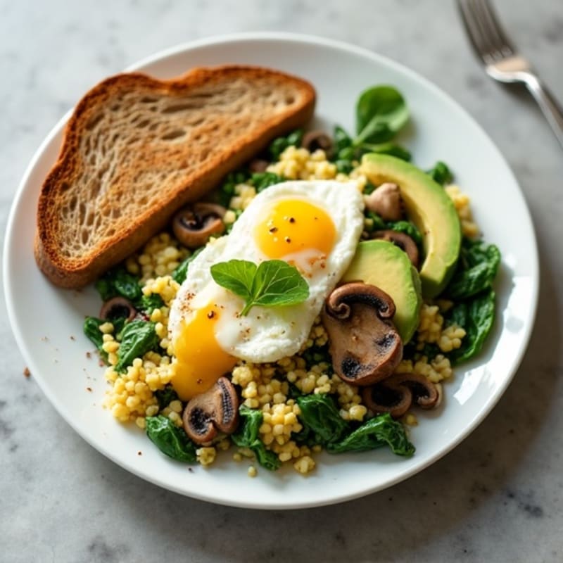 Cottage Cheese Scramble with Spinach and Sautéed Mushrooms