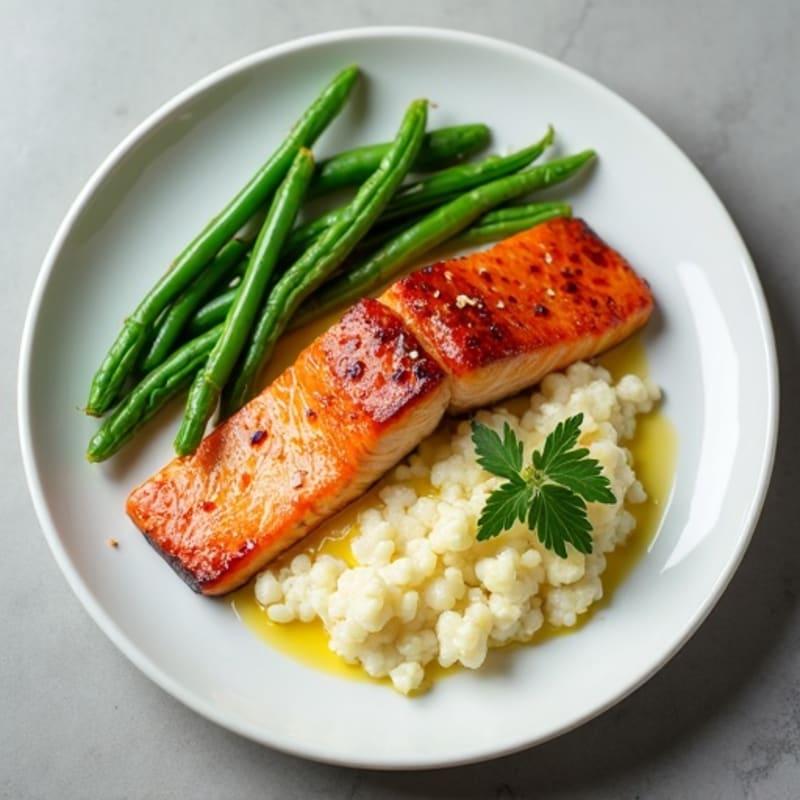 Seared Salmon with Steamed Green Beans and Cauliflower Mash