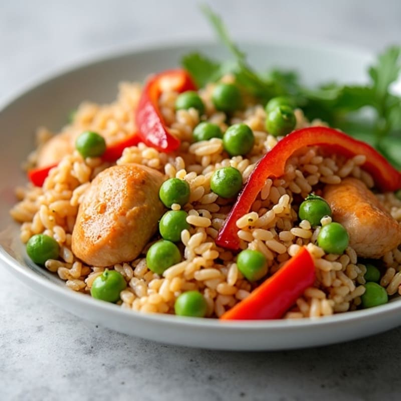 Lean Chicken and Brown Rice Skillet with Sautéed Bell Peppers and Peas