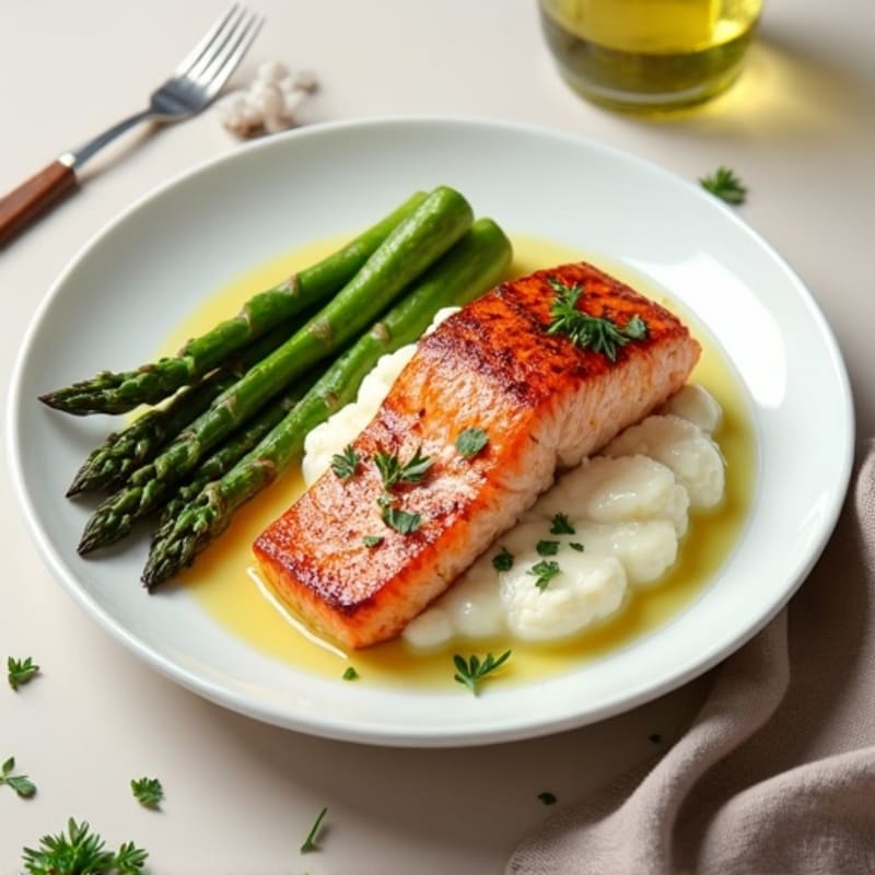Seared Salmon with Roasted Asparagus and Cauliflower Mash
