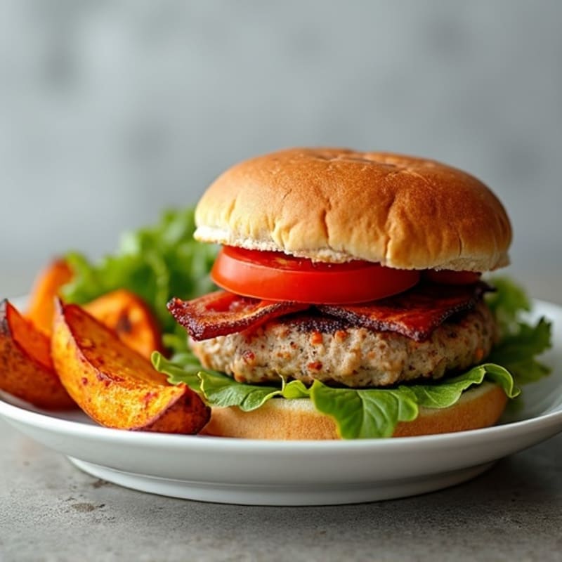 Lean Turkey Bacon Burger with Crispy Baked Sweet Potato Wedges