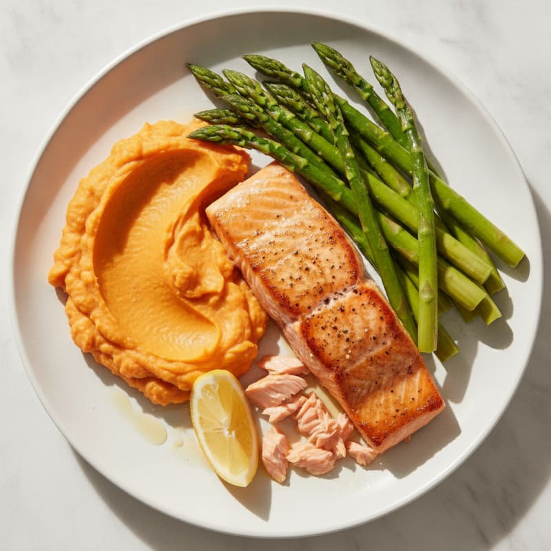 Seared Salmon with Steamed Asparagus and Sweet Potato Mash