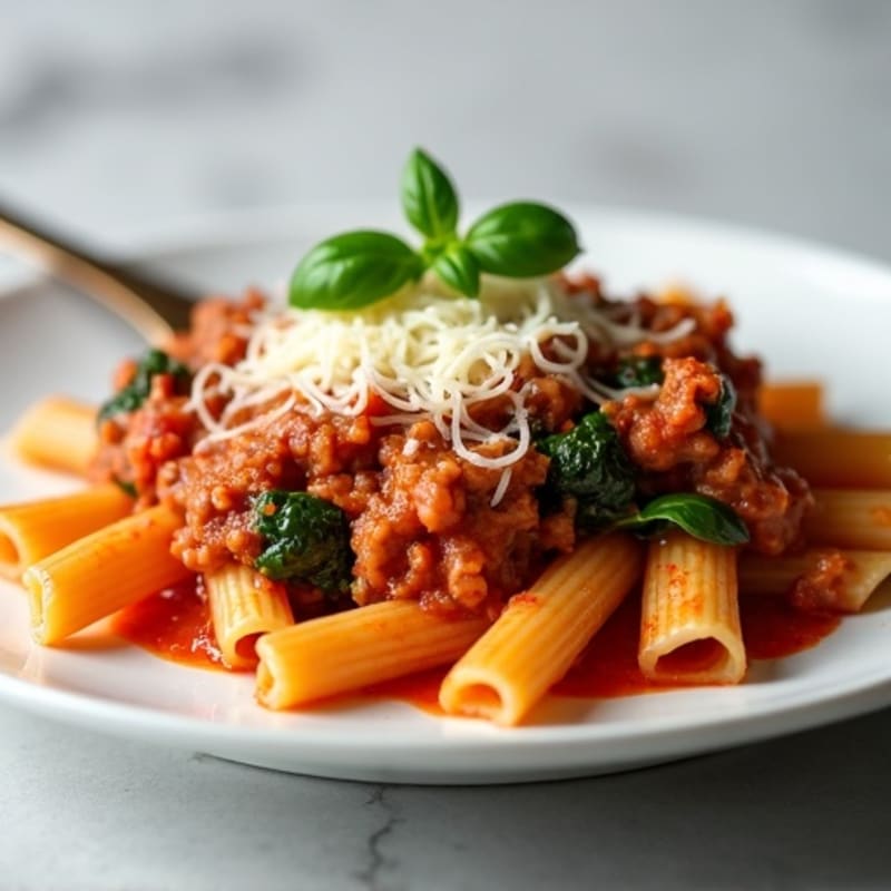 Lean Ground Beef Baked Ziti with Spinach