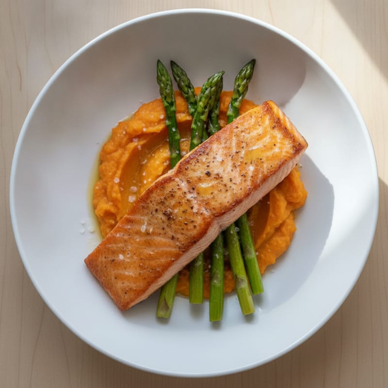 Seared Salmon Fillet with Roasted Asparagus and Sweet Potato Mash