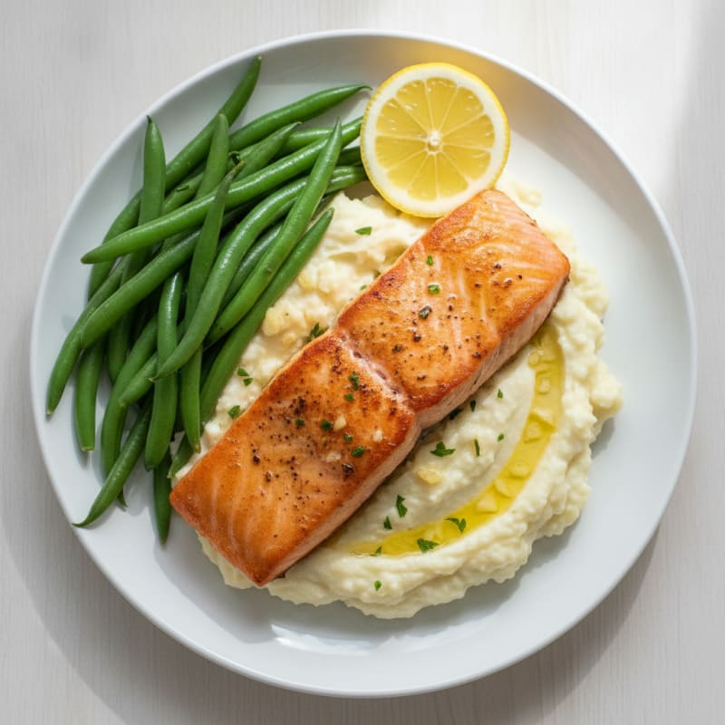 Seared Salmon with Steamed Green Beans and Garlic Mashed Cauliflower