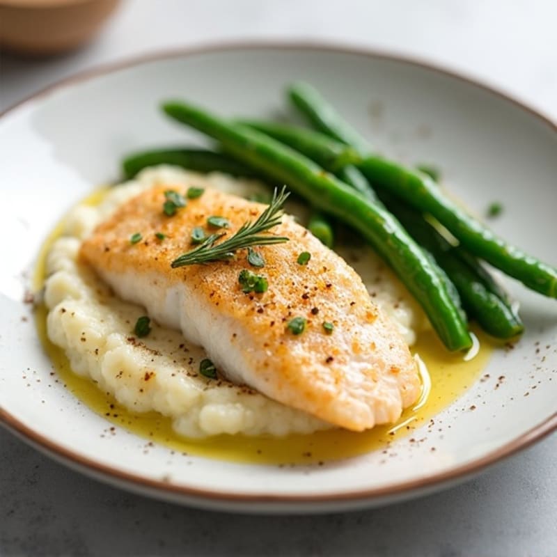 Seared Tilapia with Steamed Green Beans and Cauliflower Mash