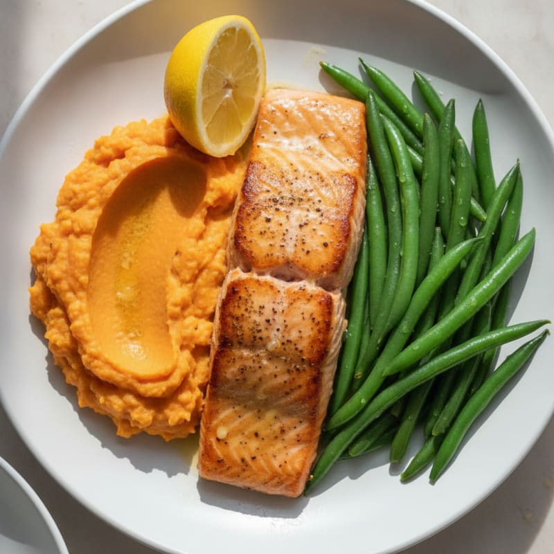 Seared Salmon with Steamed Green Beans and Sweet Potato Mash