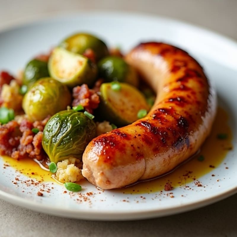 Crispy Pan-Seared Chicken Sausage with Smoky Roasted Brussels Sprouts and Crumbled Bacon