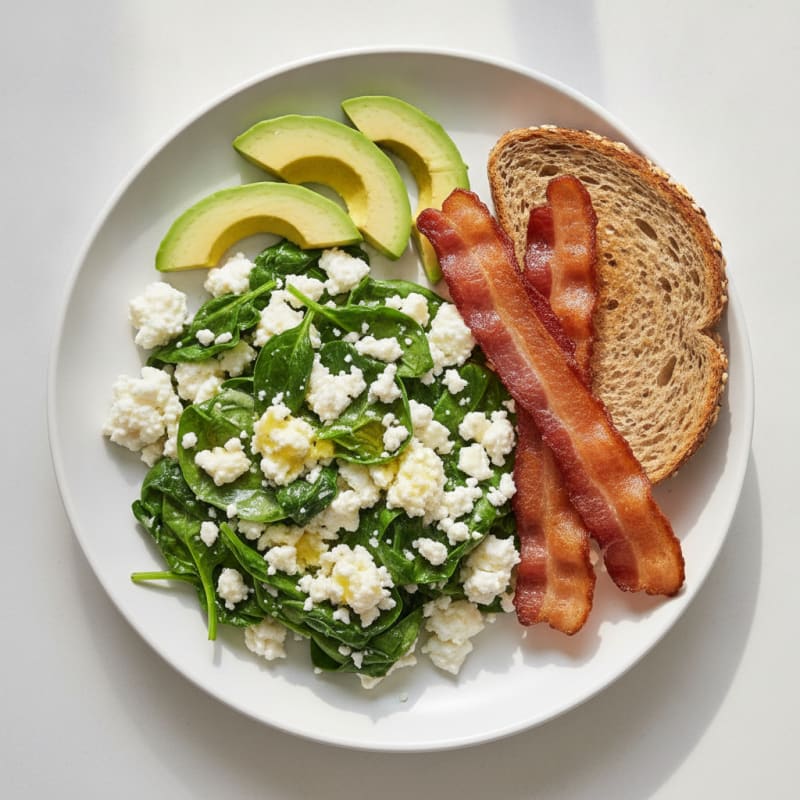Egg White and Spinach Scramble with Cottage Cheese and Turkey Bacon