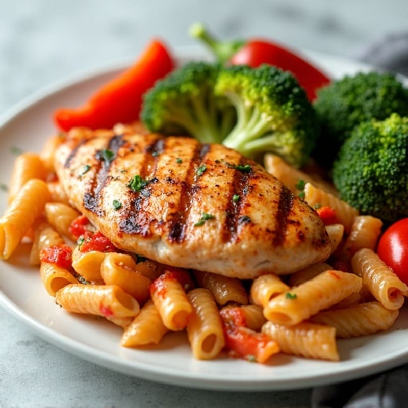 Chicken and Pasta with Creamy Vodka Sauce, Roasted Broccoli, and Bell Peppers