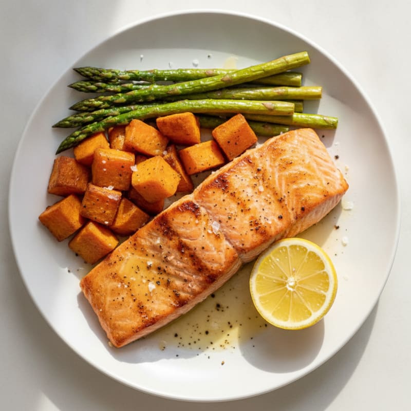 Seared Salmon with Roasted Sweet Potato and Asparagus