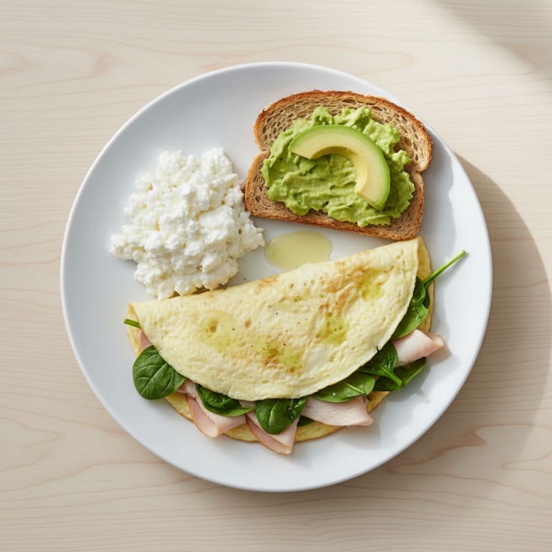 Egg White Spinach Omelet with Cottage Cheese and Sliced Turkey