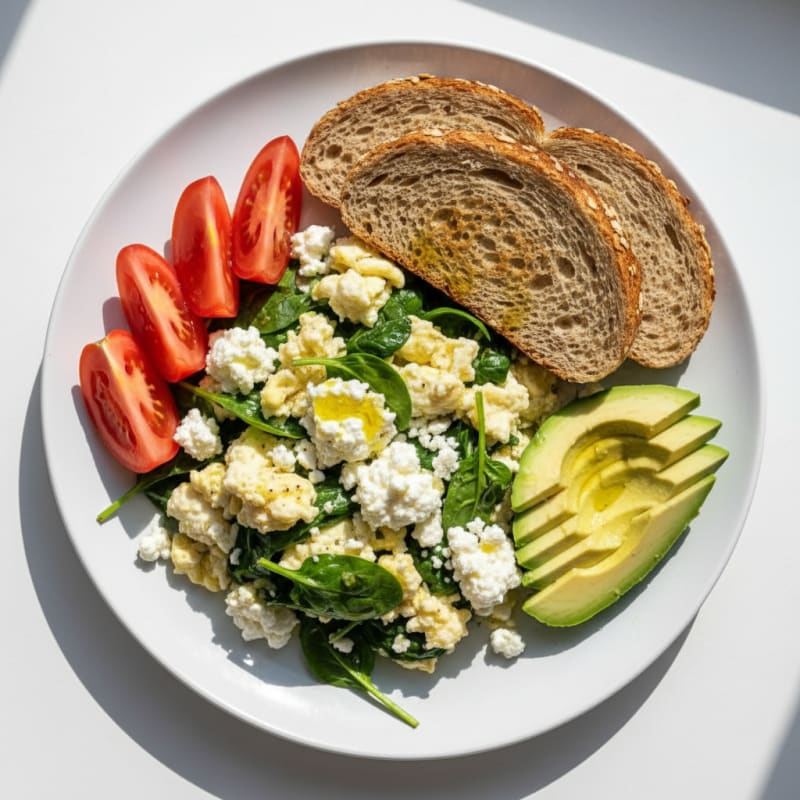 Egg White Spinach Scramble with Cottage Cheese and Sliced Tomatoes