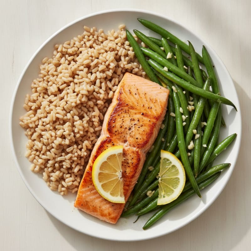 Seared Salmon with Garlic Green Beans and Brown Rice