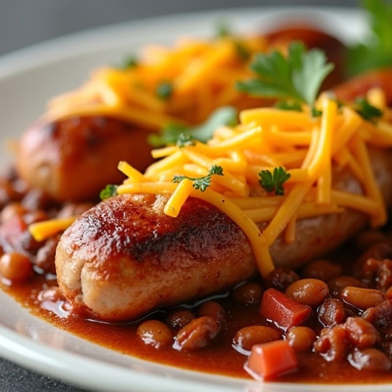 Grilled Chicken Sausage with Savory Beef Chili and Melted Cheddar