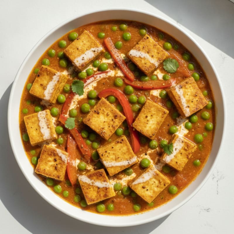 Creamy Paneer Curry with Sautéed Green Peas and Bell Peppers