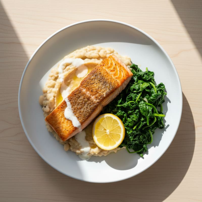 Seared Salmon with Creamy White Bean Mash and Sautéed Spinach