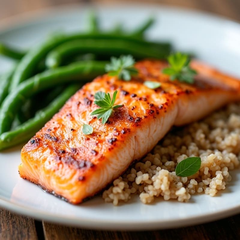Seared Salmon with Steamed Green Beans and Brown Rice