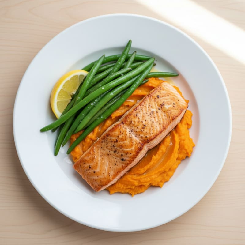 Seared Salmon with Steamed Green Beans and Sweet Potato Mash