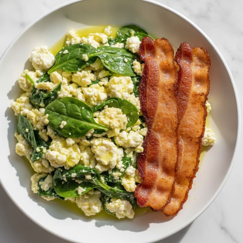 Cottage Cheese Egg Scramble with Spinach and Turkey Bacon