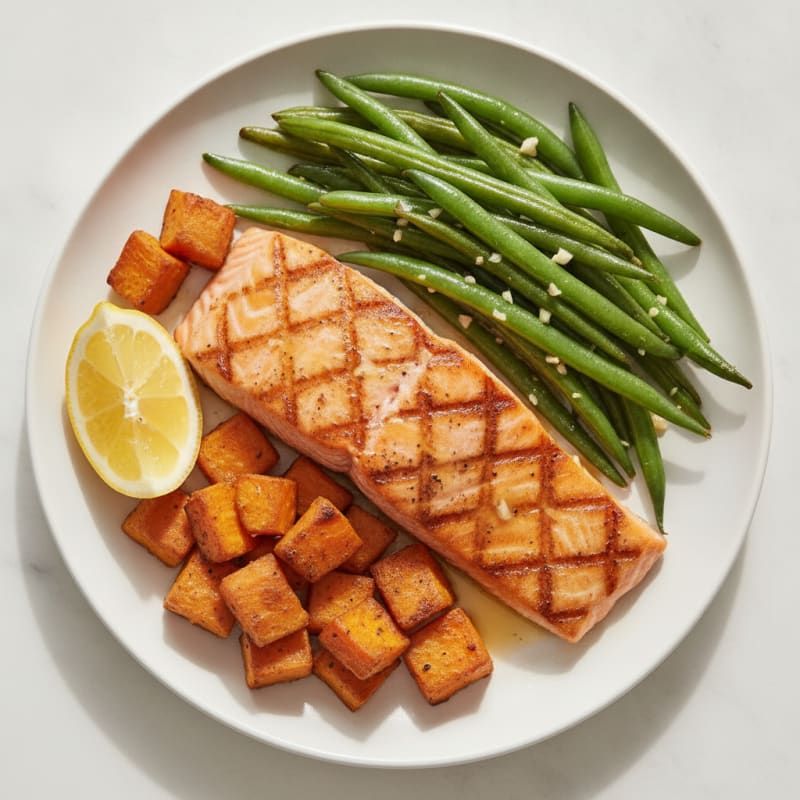Seared Salmon with Roasted Sweet Potatoes and Green Beans