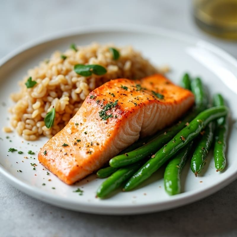 Seared Salmon with Garlic Green Beans and Brown Rice