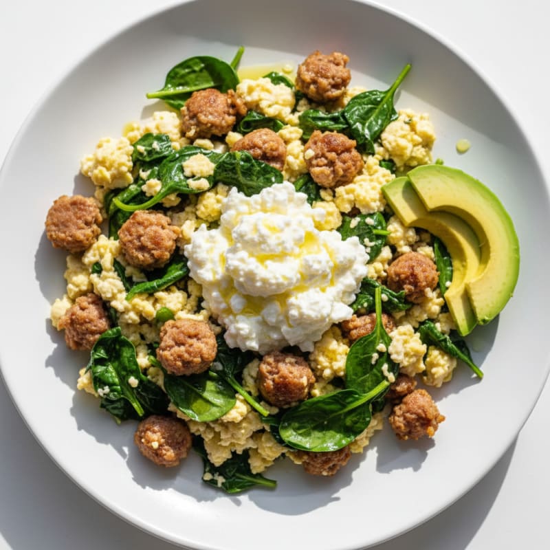 Egg White and Turkey Sausage Scramble with Spinach and Cottage Cheese