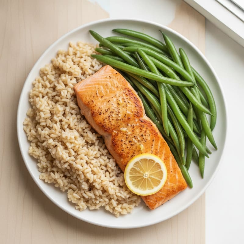 Seared Salmon with Steamed Green Beans and Brown Rice