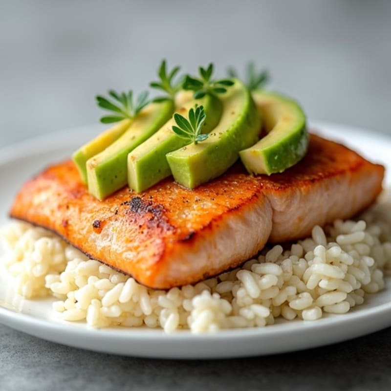 Seared Salmon with Fluffy Rice and Creamy Avocado