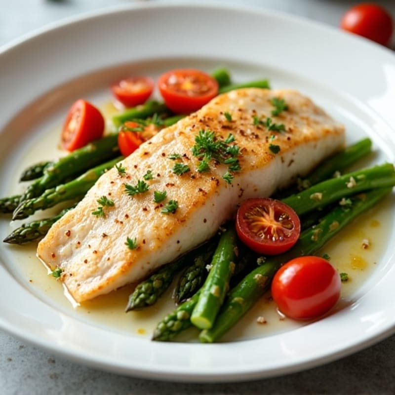 Seared Tilapia with Steamed Asparagus and Cherry Tomatoes
