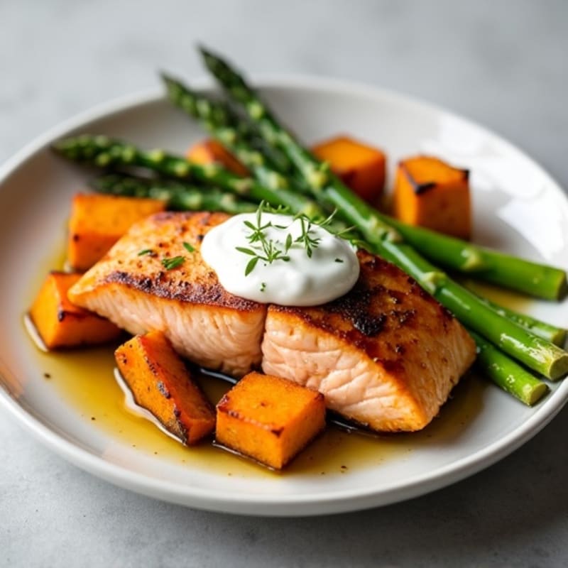 Seared Salmon with Roasted Sweet Potatoes and Asparagus