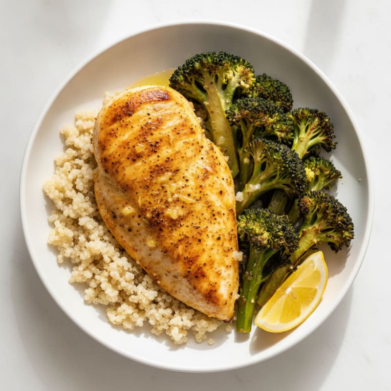 Seared Chicken Breast with Quinoa and Roasted Broccoli