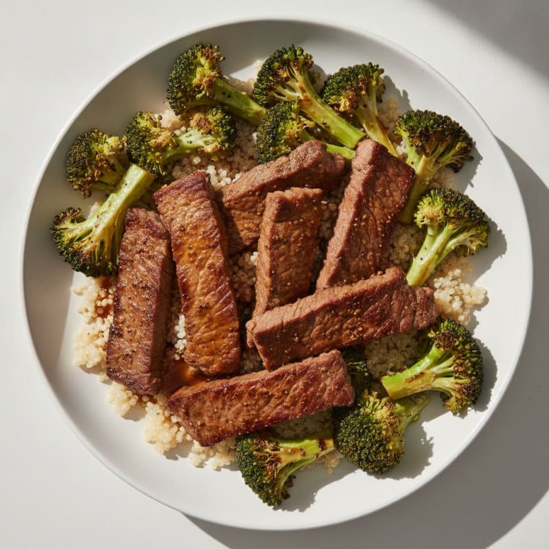 Seared Beef Strips with Roasted Broccoli and Quinoa