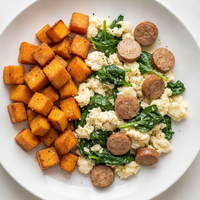 Egg White and Turkey Sausage Scramble with Spinach and Roasted Sweet Potatoes
