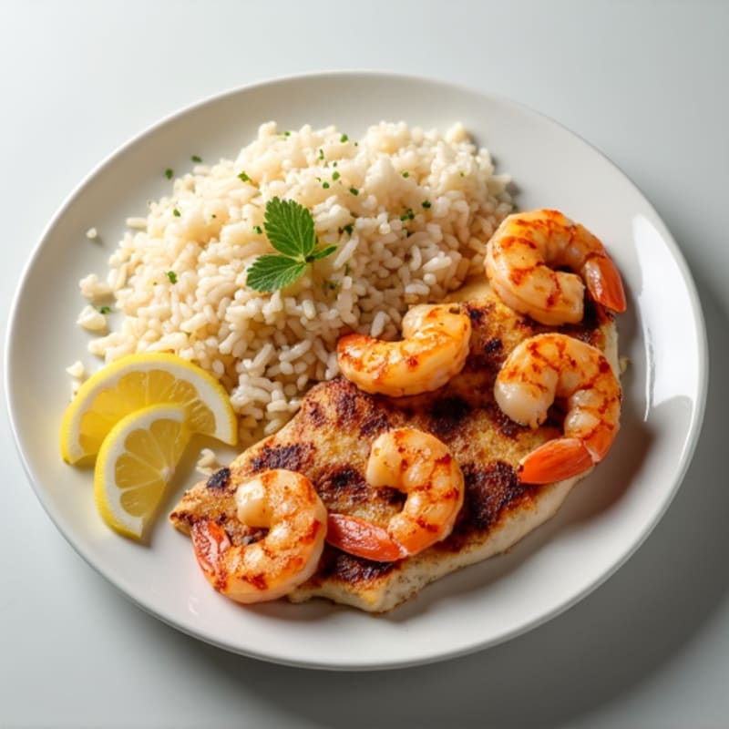 Grilled Shrimp and Chicken Breast with Steamed Jasmine Rice
