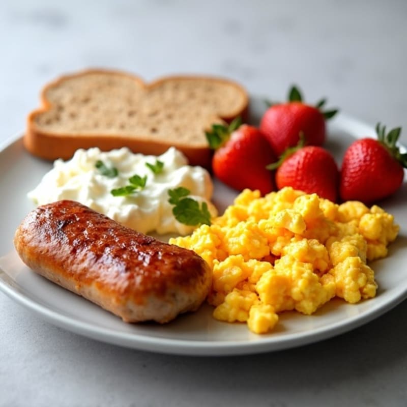 Chicken Sausage and Scrambled Eggs with Fresh Strawberries, Creamy Cottage Cheese, and Whole Grain Toast