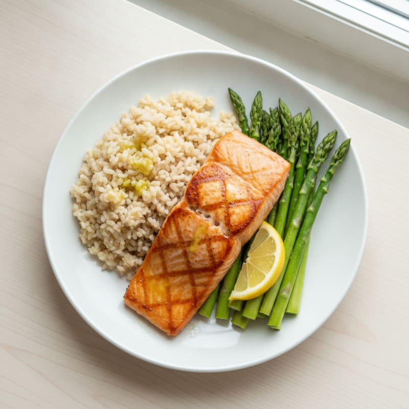 Seared Salmon with Steamed Asparagus and Brown Rice