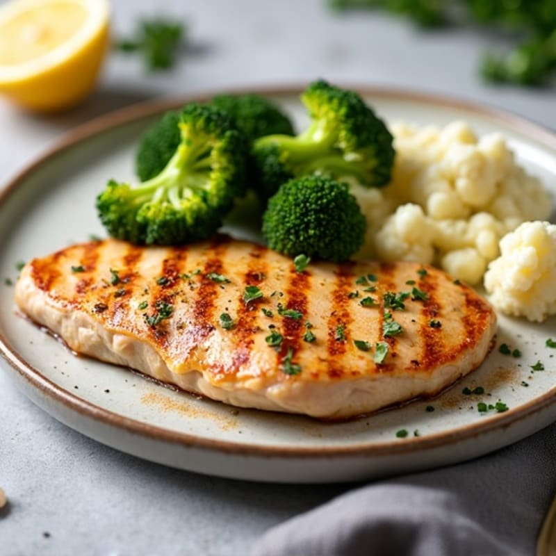 Seared Turkey Breast with Roasted Broccoli and Garlic Mashed Cauliflower