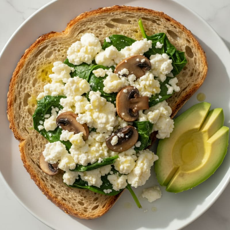 Egg White and Cottage Cheese Scramble with Spinach and Sautéed Mushrooms